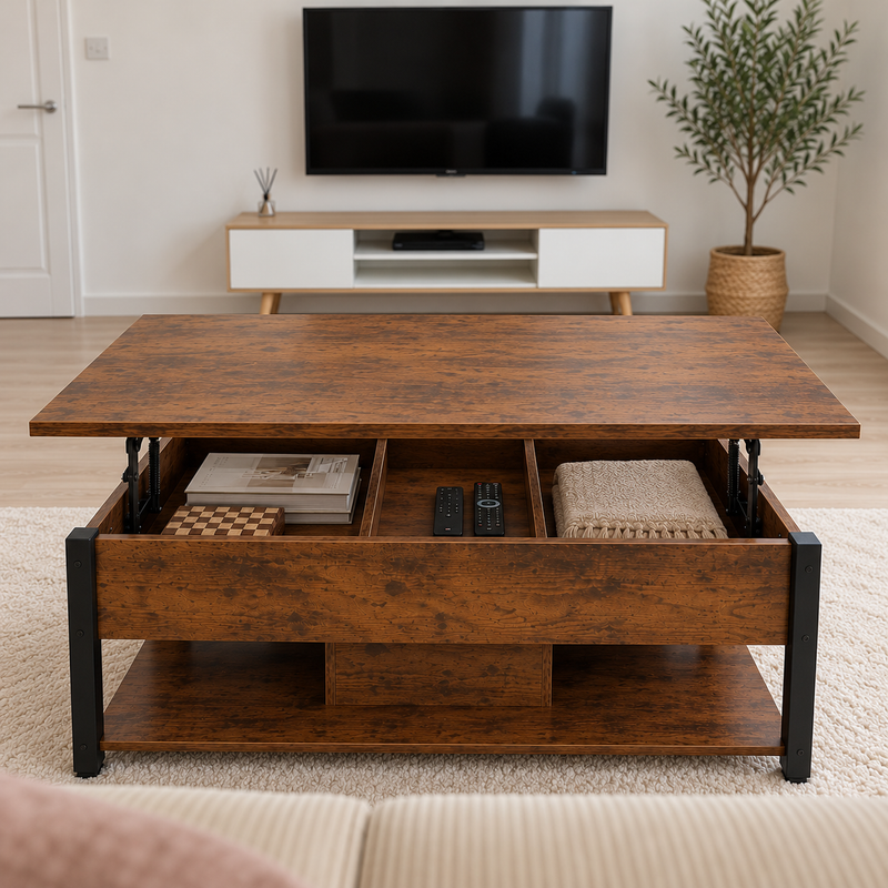 Vue depuis le canapé sur la table basse relevable Estrora levée devant les genoux, face au meuble télé, coffre rangé sous le plateau.