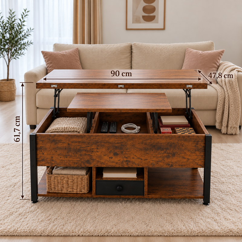 Dimensions de la table basse relevable Estrora levée : plateau de 90 cm sur 47,8 cm, à 61,7 cm du sol.