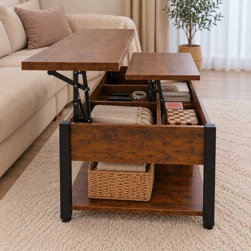 Vue de côté de la table basse relevable Estrora, les deux plateaux levés sur leurs bras à ressorts, coffre ouvert et étagère basse avec panier.