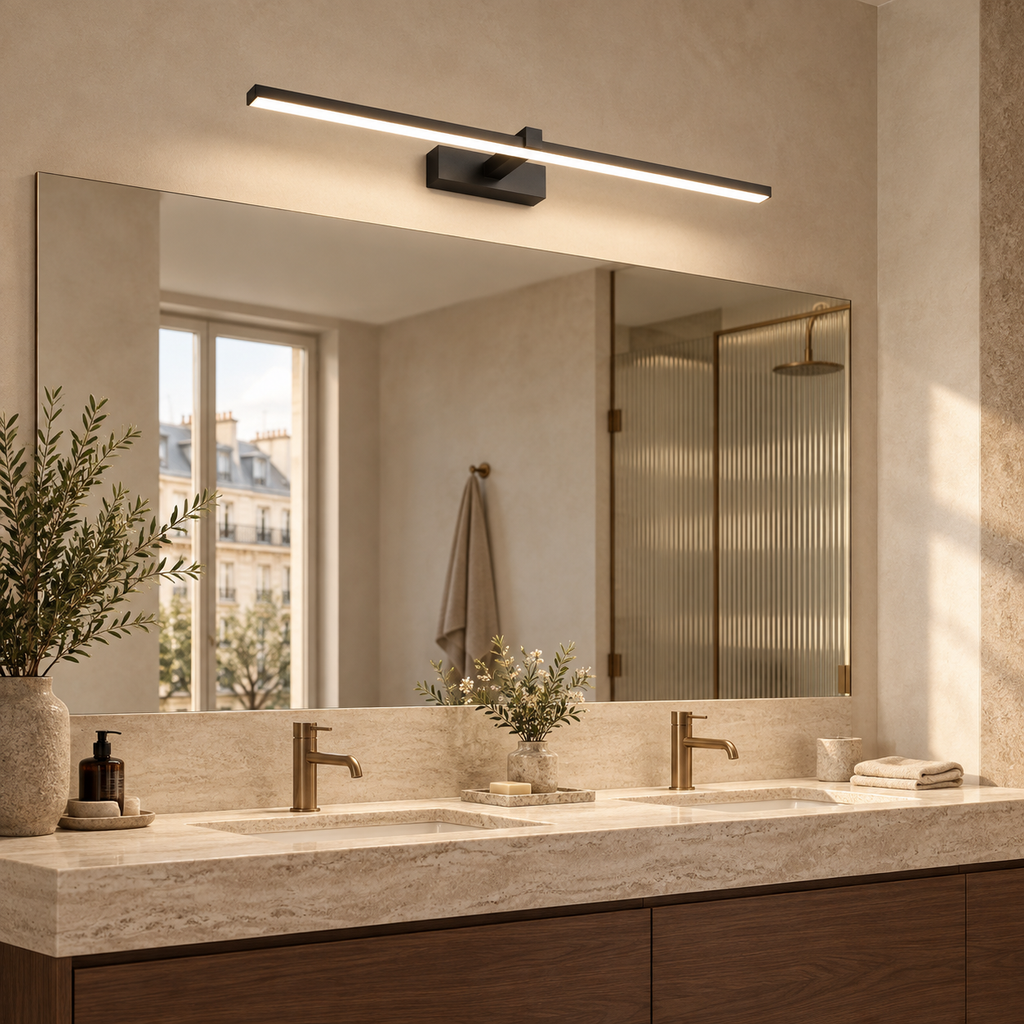 Applique de miroir Trait, noir mat, dans une salle de bain parisienne