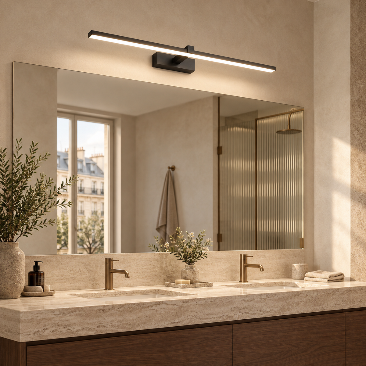 Applique de miroir Trait, noir mat, dans une salle de bain parisienne