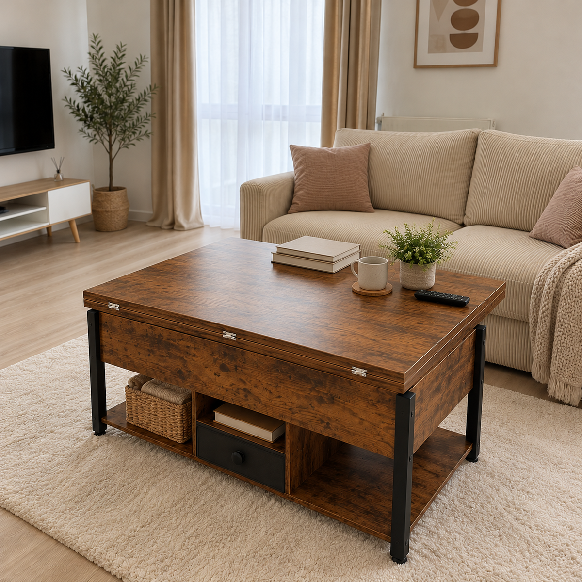 Table basse relevable Estrora fermée devant un canapé crème, avec deux livres, une tasse, une plante et une télécommande, panier en osier et tiroir noir sur l'étagère basse.