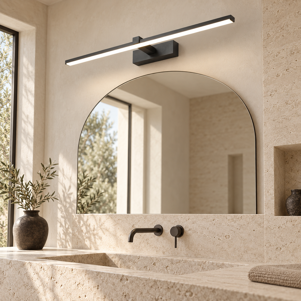 Applique Trait noir mat au-dessus d'un miroir, salle de bain en travertin