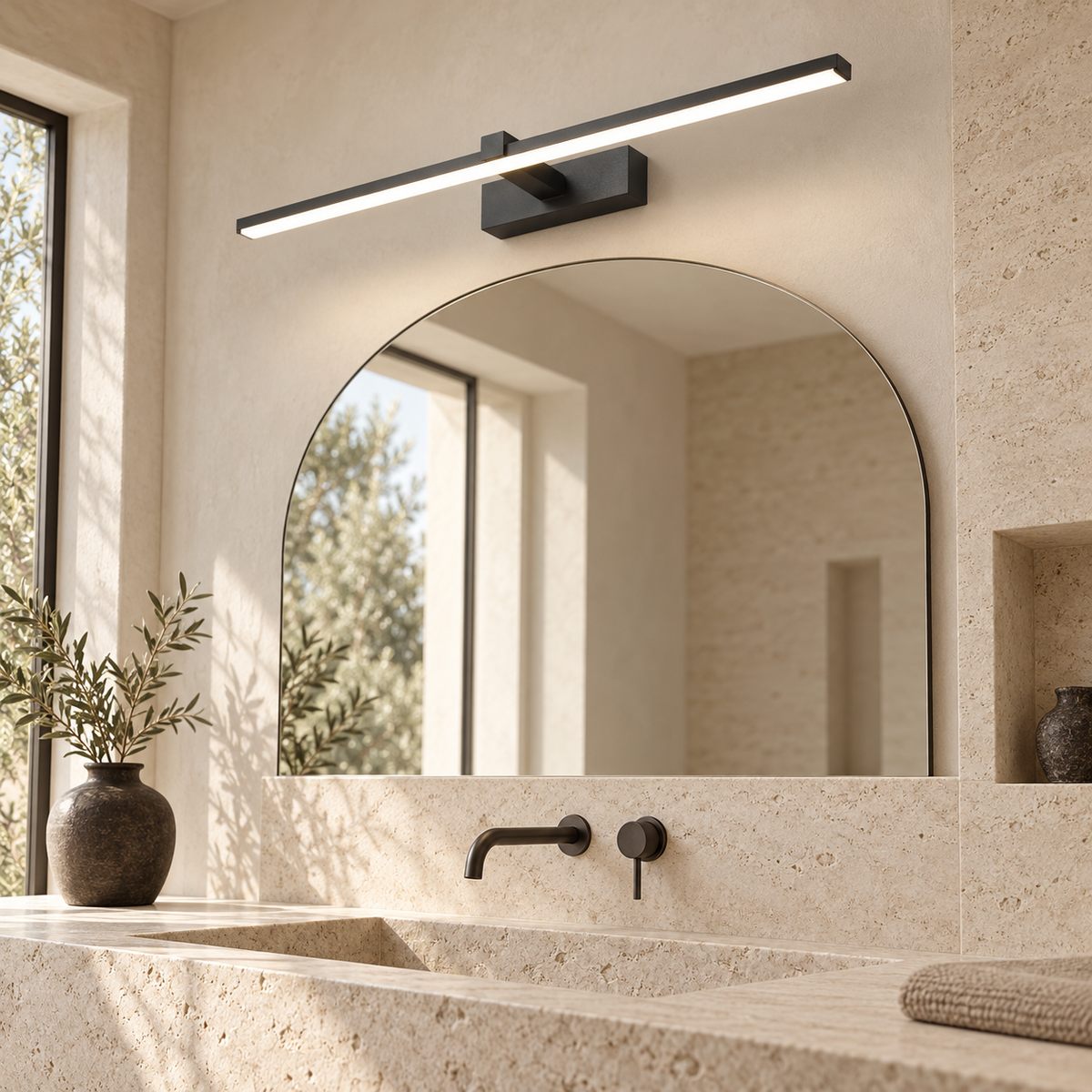 Applique Trait noir mat au-dessus d'un miroir, salle de bain en travertin