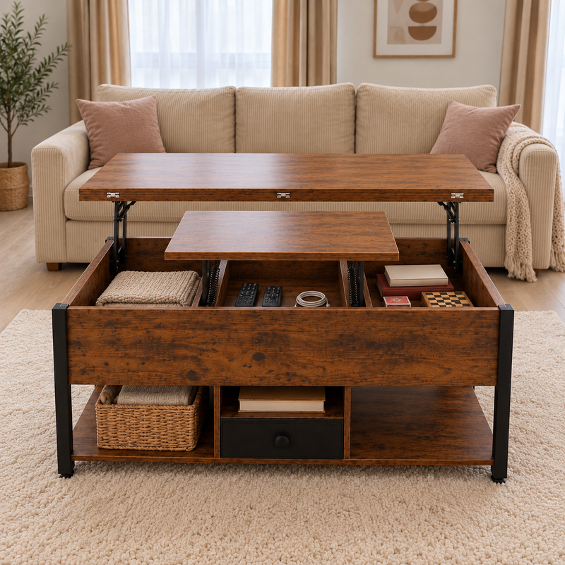 Table basse relevable Estrora vue de face, grand plateau levé vers le canapé et petit plateau levé au milieu, coffre ouvert rangé avec plaid, télécommandes, livres et jeux.