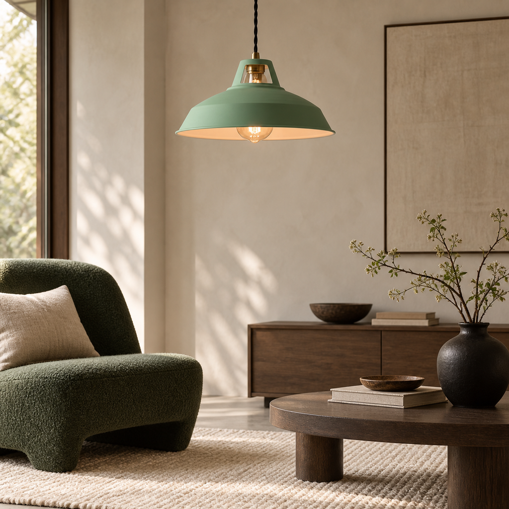 Abat-jour Atelier 27 vert sauge dans un salon japandi