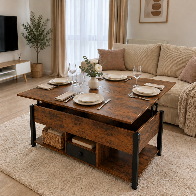 Table basse relevable Estrora dépliée en table à manger et dressée pour quatre : assiettes en grès ivoire, serviettes en lin, verres et un petit vase de fleurs, devant un canapé crème.