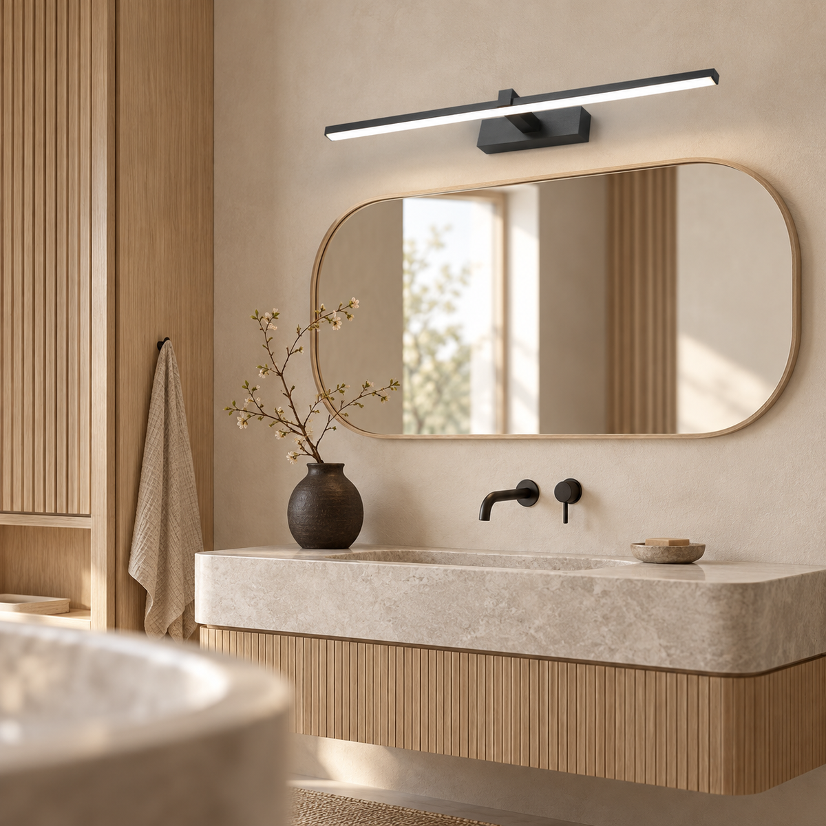 Applique Trait dans une salle de bain japandi en chêne clair