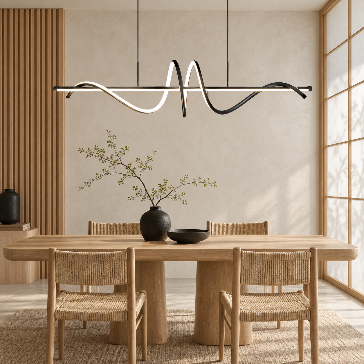 Suspension Waveline dans une salle à manger japandi