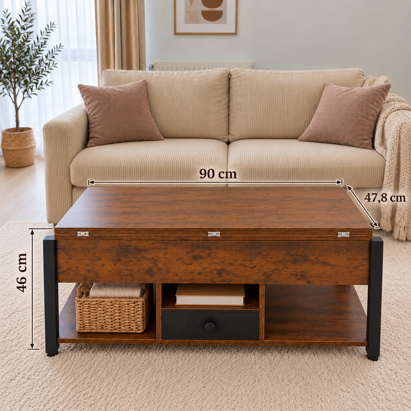Dimensions de la table basse relevable Estrora fermée : 90 cm de long, 47,8 cm de profondeur, 46 cm de haut.