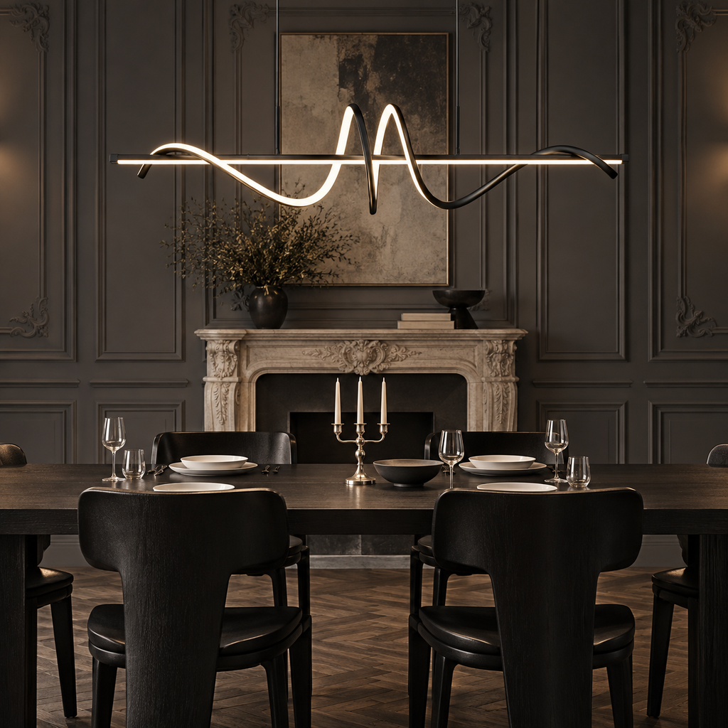 Suspension Waveline dans une salle classique sombre