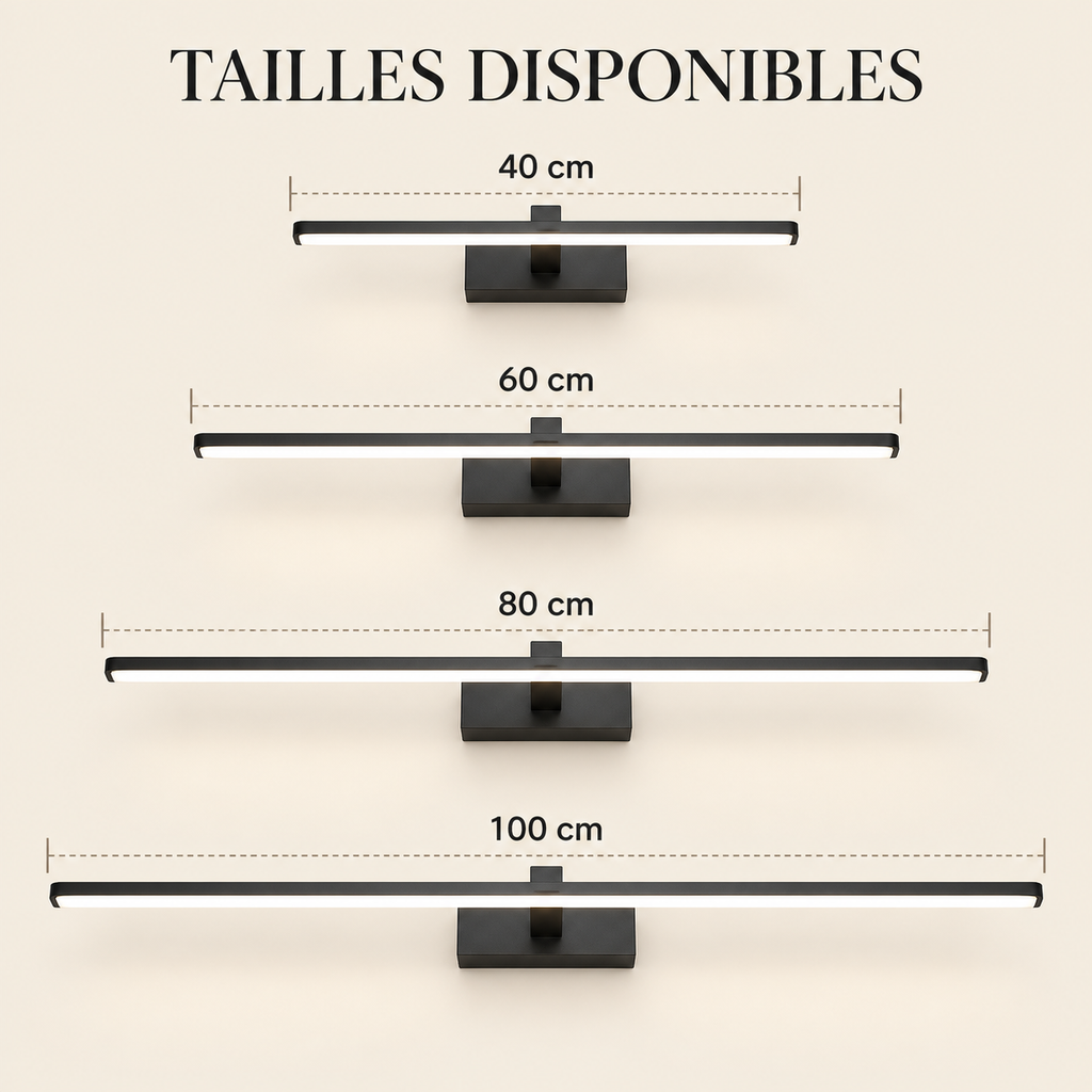 Guide des longueurs de l'applique Trait : 40, 60, 80 et 100 cm