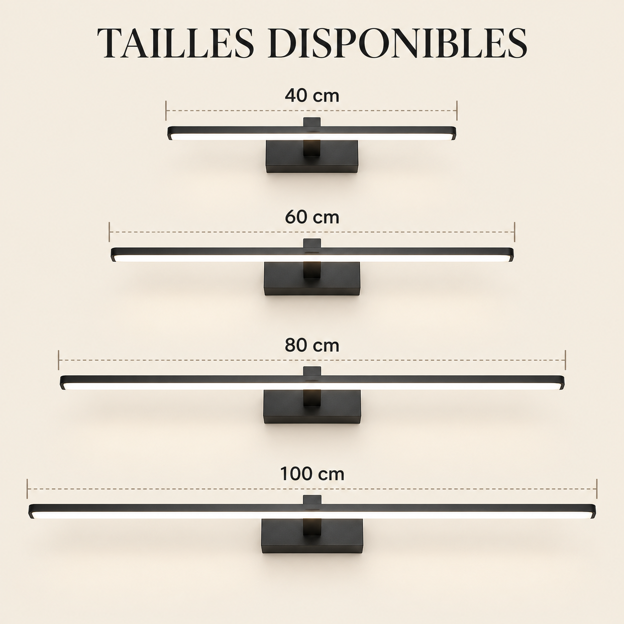 Guide des longueurs de l'applique Trait : 40, 60, 80 et 100 cm