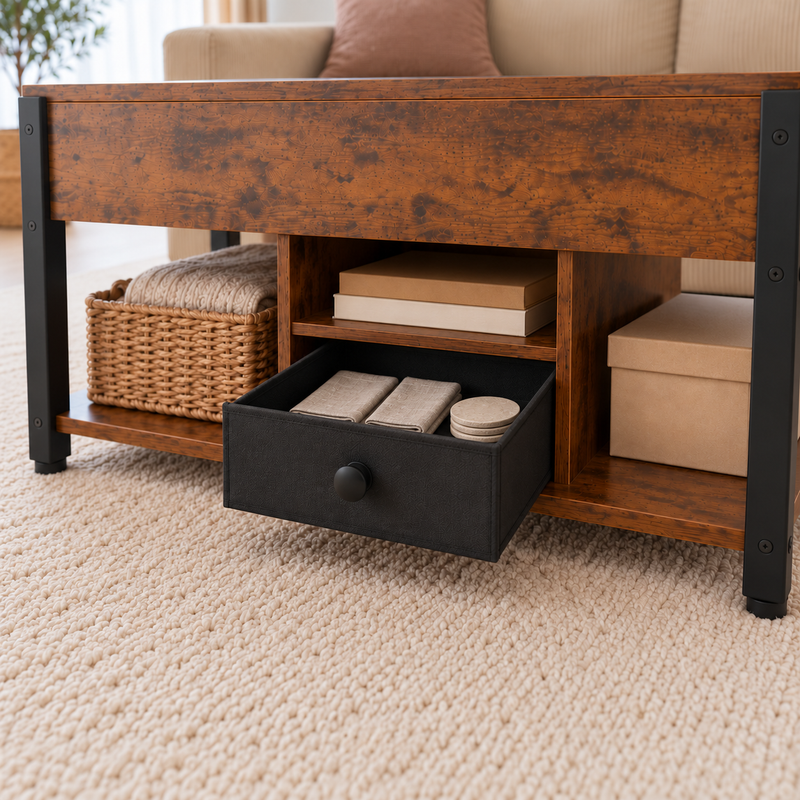 Étagère basse de la table basse relevable Estrora avec tiroir en tissu noir ouvert, serviettes et sous-verres rangés, panier en osier et boîte beige.