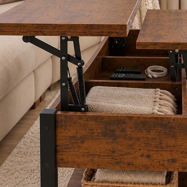 Gros plan sur les bras de levage en métal noir de la table basse relevable Estrora