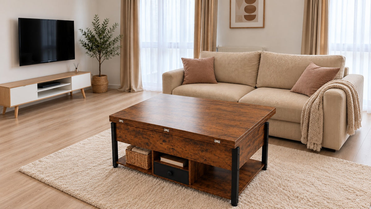 Table basse relevable Estrora fermée dans un salon clair, devant un canapé crème